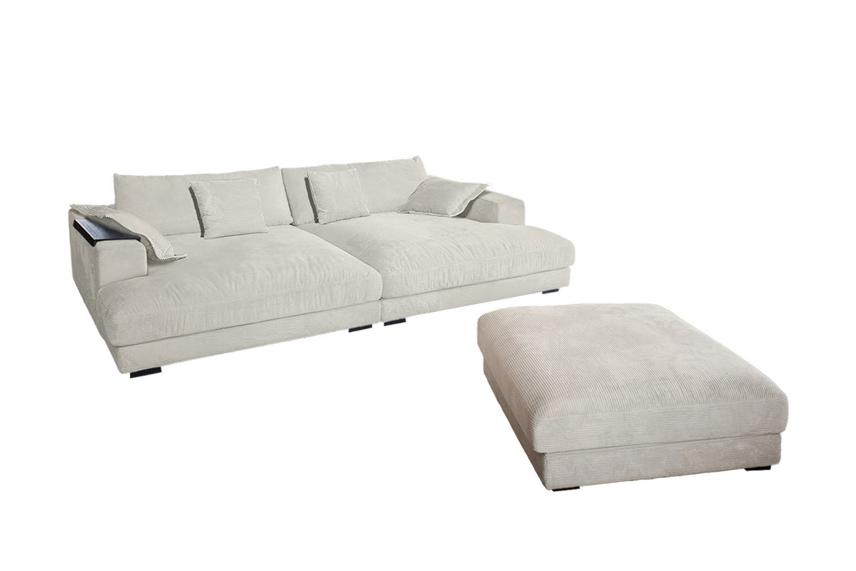 KAWOLA Big Sofa MADELINE Cord cremeweiß mit Hocker und 4 Zierkissen