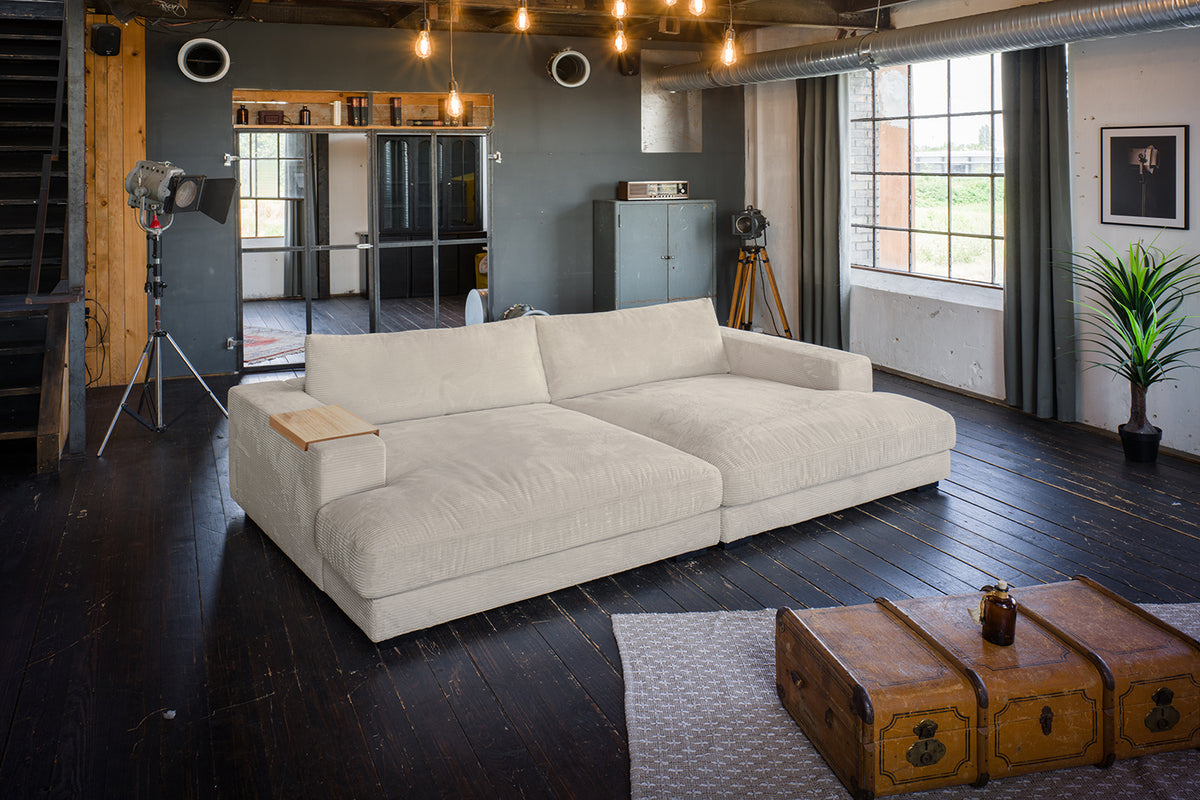 KAWOLA Big Sofa MADELINE Cord cremeweiß mit Hocker und 4 Zierkissen