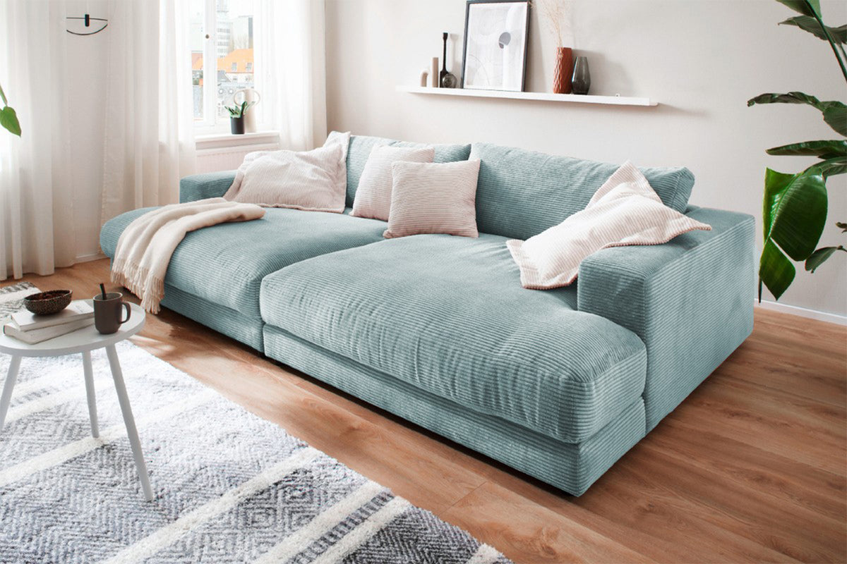 KAWOLA Big Sofa MADELINE Cord hellblau, 290 x 190, ohne Holztablett