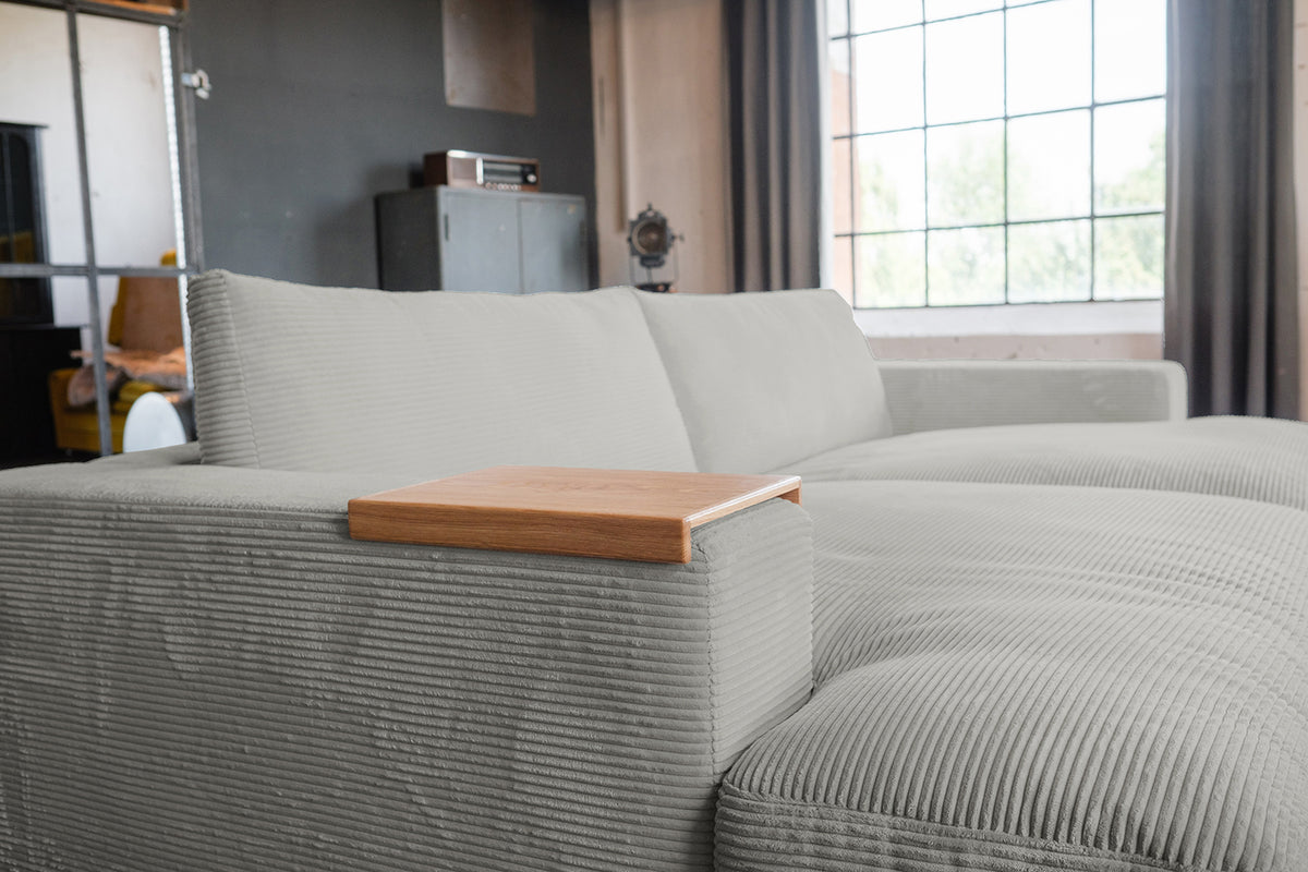 KAWOLA Big Sofa MADELINE Cord hellgrau mit Hocker und 4 Zierkissen