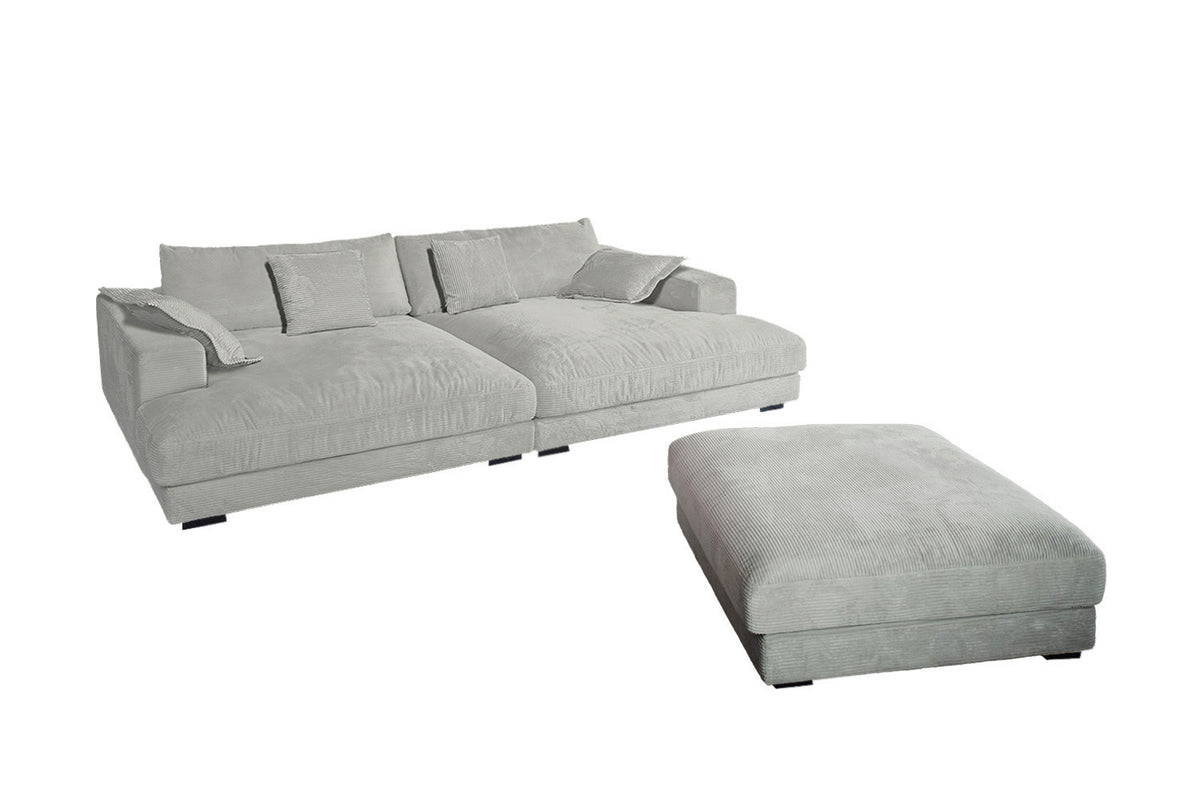 KAWOLA Big Sofa MADELINE Cord hellgrau mit Hocker und 4 Zierkissen