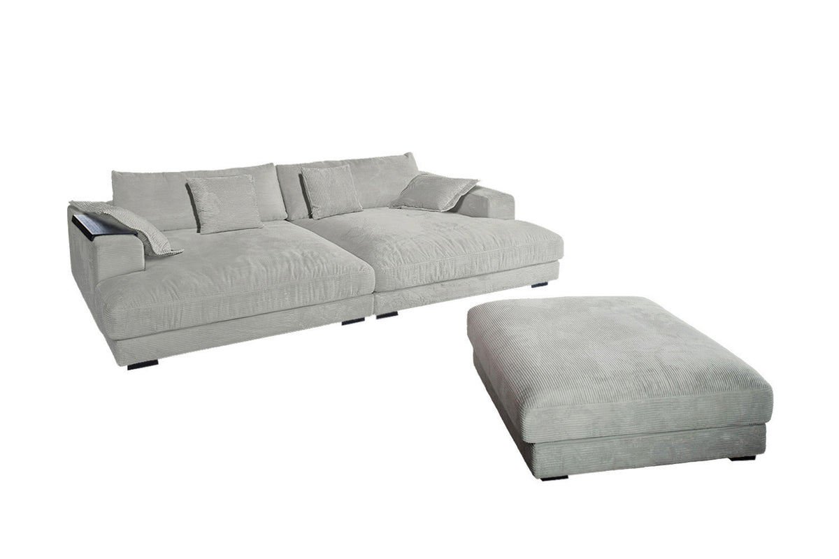 KAWOLA Big Sofa MADELINE Cord hellgrau mit Hocker und 4 Zierkissen