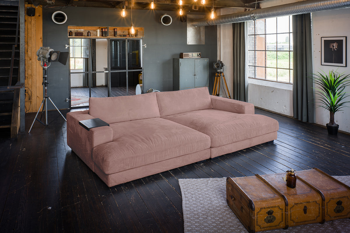 KAWOLA Big Sofa MADELINE Cord rosa, 290 x 170, mit Holztablett schwarz