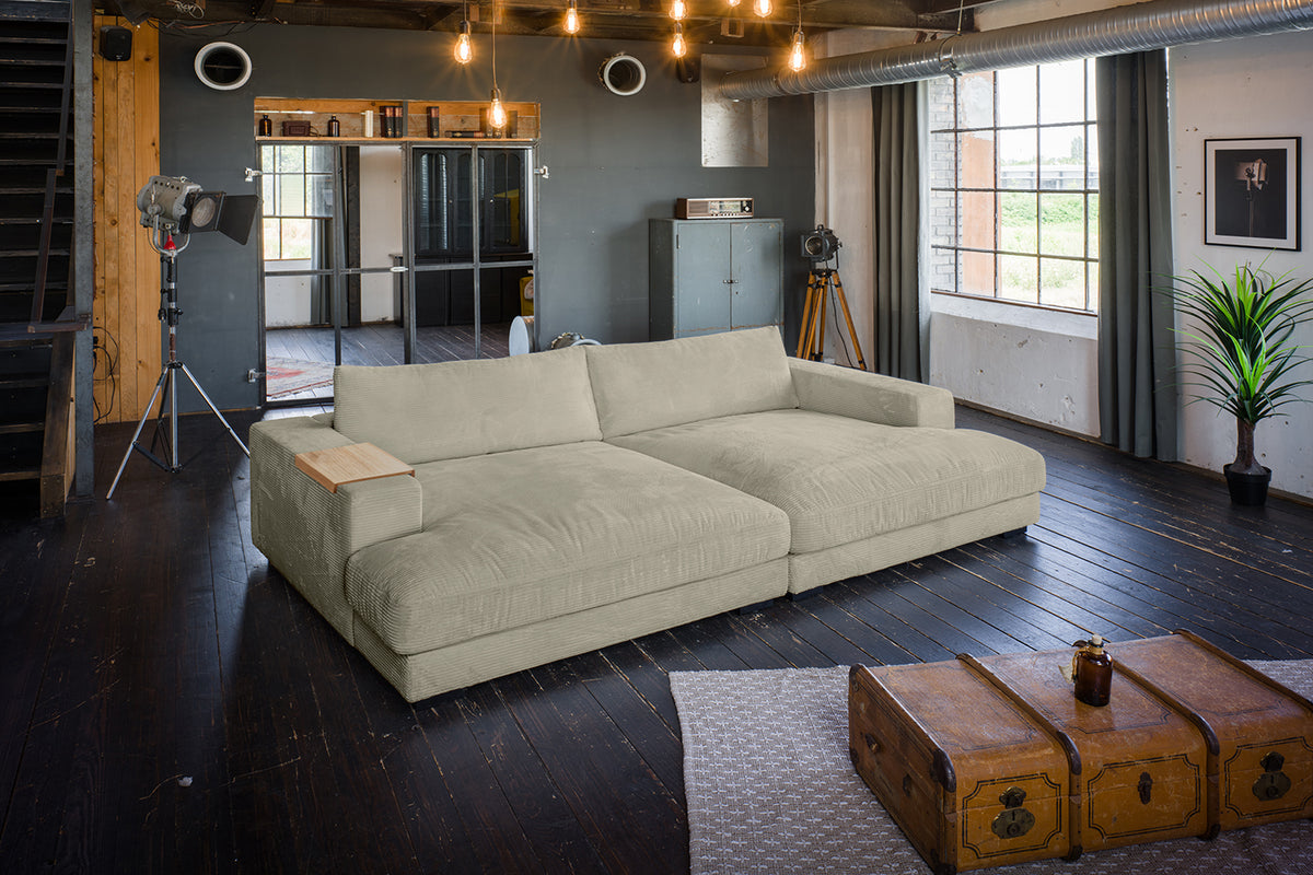 KAWOLA Big Sofa MADELINE Cord steingrau, 290 x 190, mit Holztablett natur