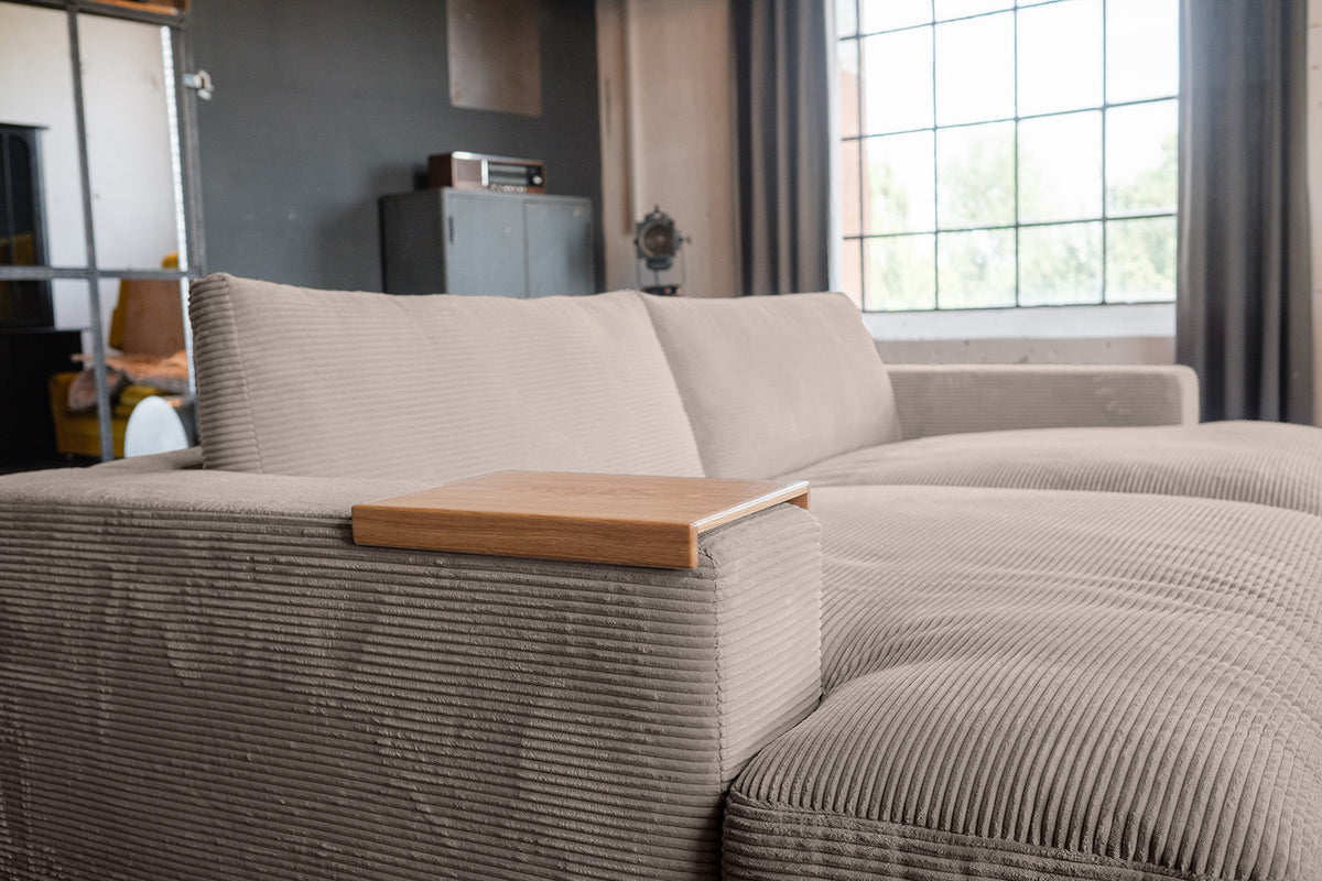 KAWOLA Big Sofa MADELINE Cord taupe mit Hocker und 4 Zierkissen