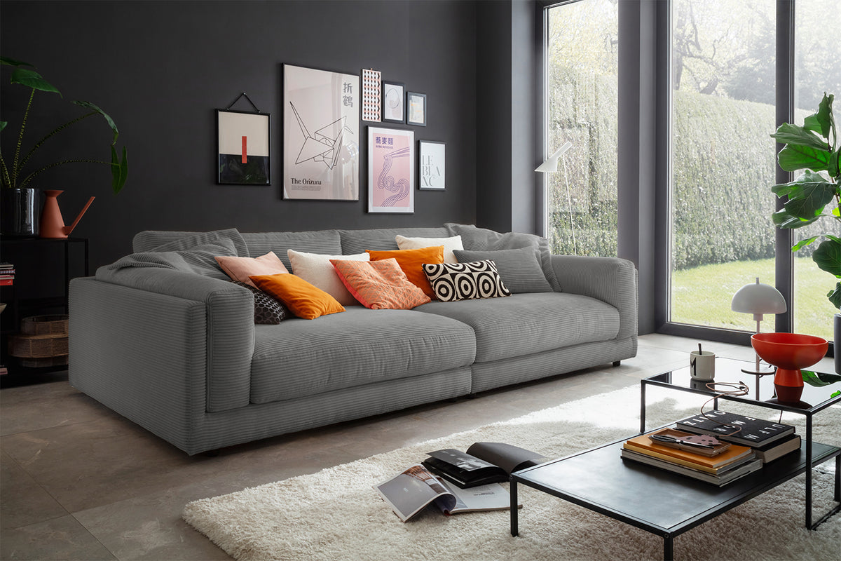 KAWOLA Big Sofa RAINA Cord grau, 294 x 150