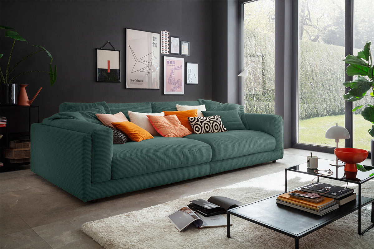 KAWOLA Big Sofa RAINA Cord smaragd, 294 x 150