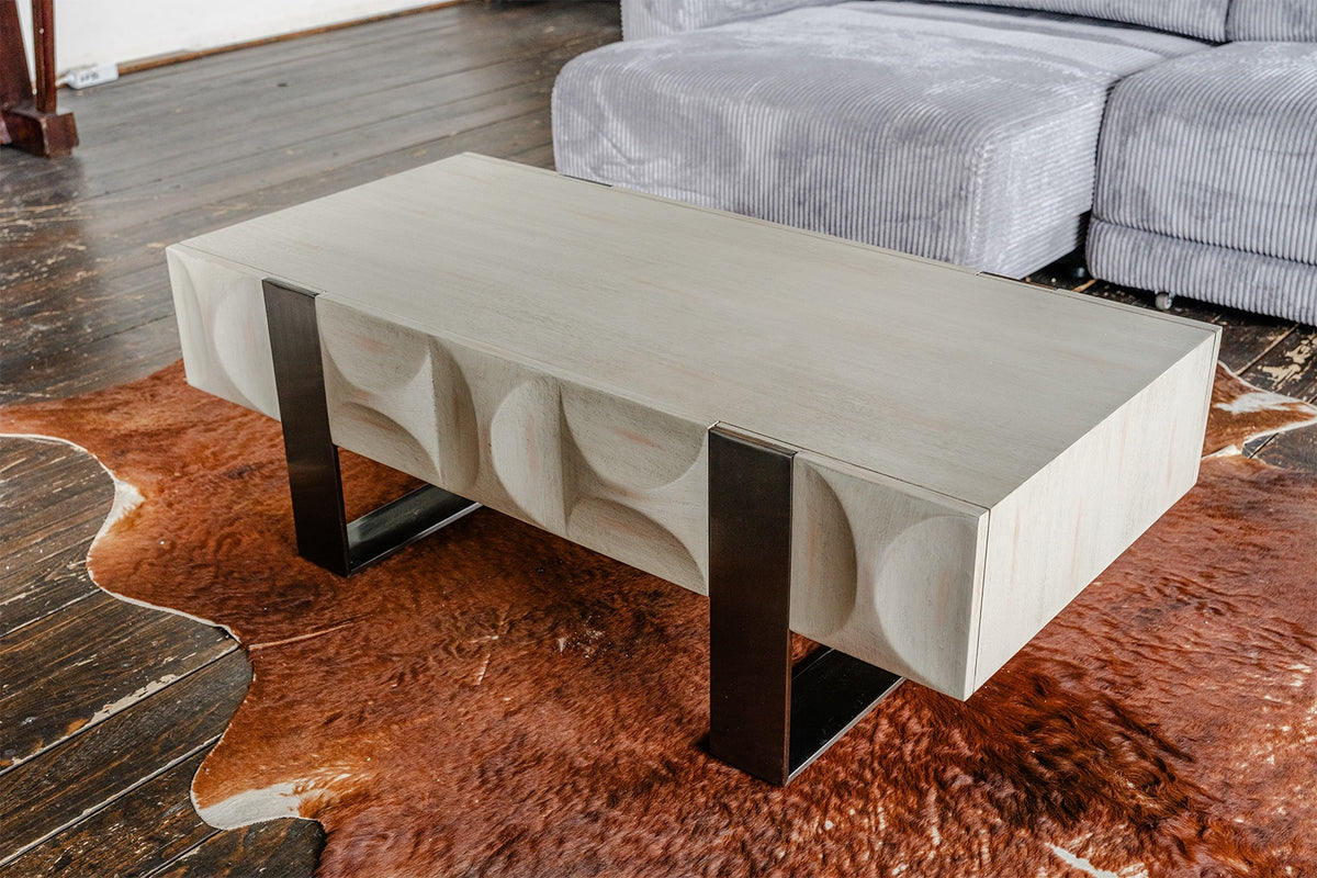 KAWOLA Couchtisch MARGO 1 Schublade Ulme furniert grau Fuß Edelstahl gebürstet
