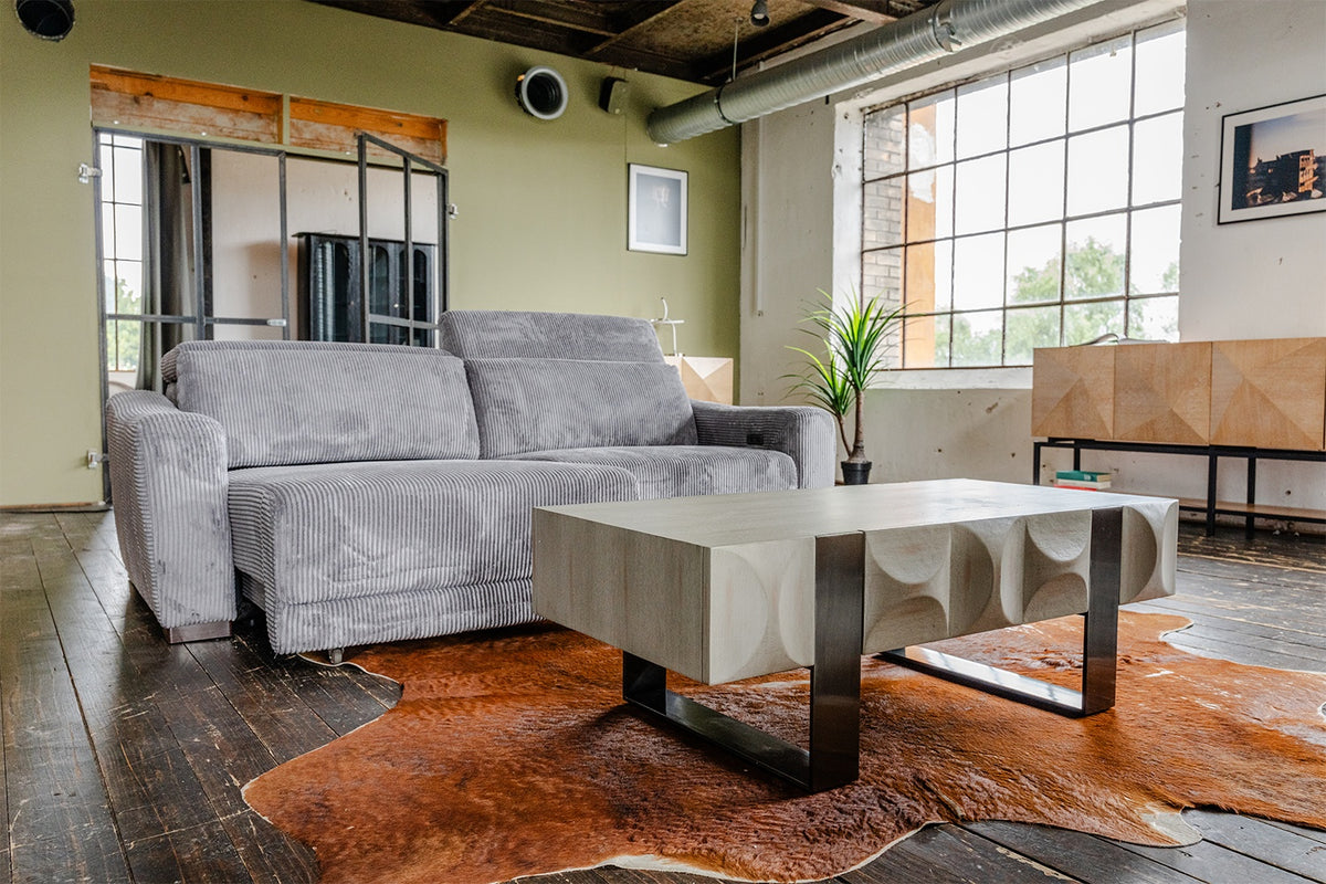 KAWOLA Couchtisch MARGO 1 Schublade Ulme furniert grau Fuß Edelstahl gebürstet