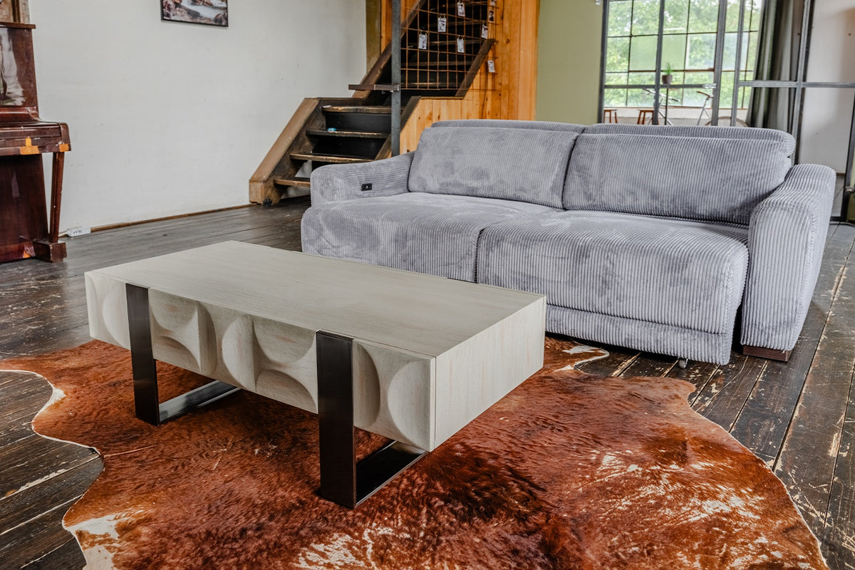 KAWOLA Couchtisch MARGO 1 Schublade Ulme furniert grau Fuß Edelstahl gebürstet