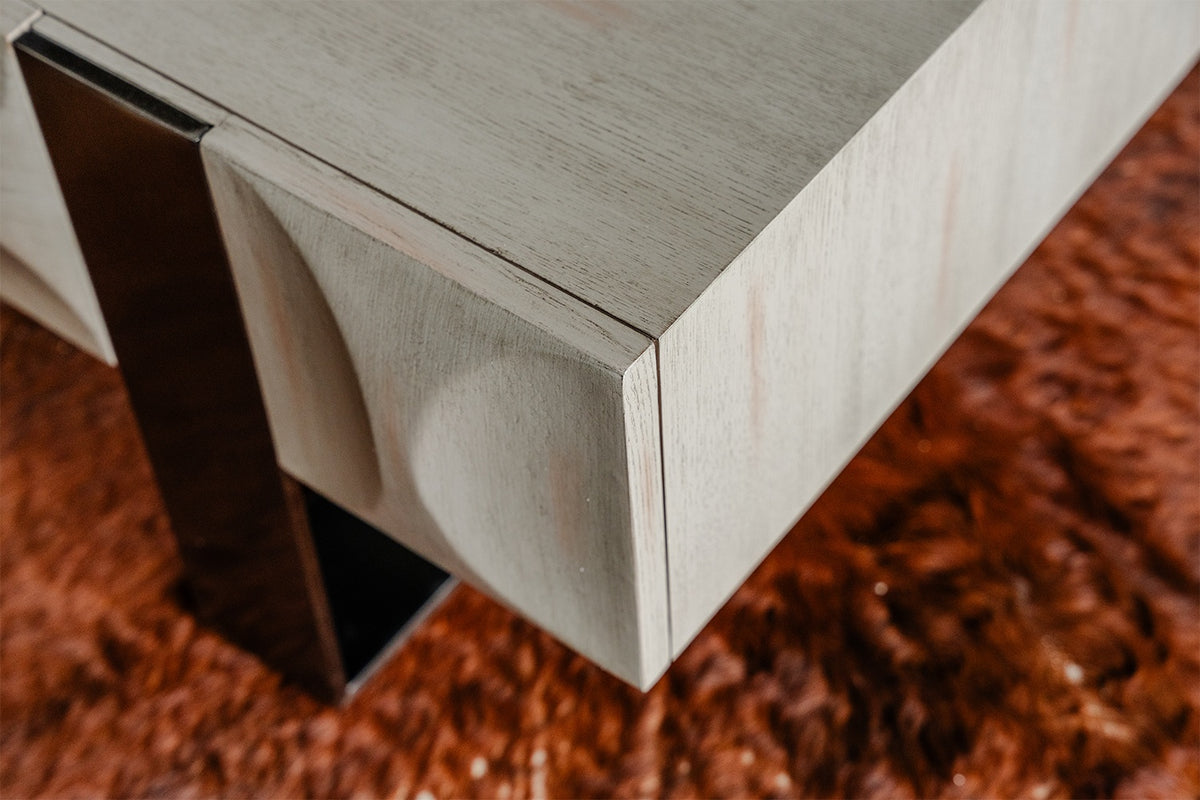 KAWOLA Couchtisch MARGO 1 Schublade Ulme furniert grau Fuß Edelstahl gebürstet