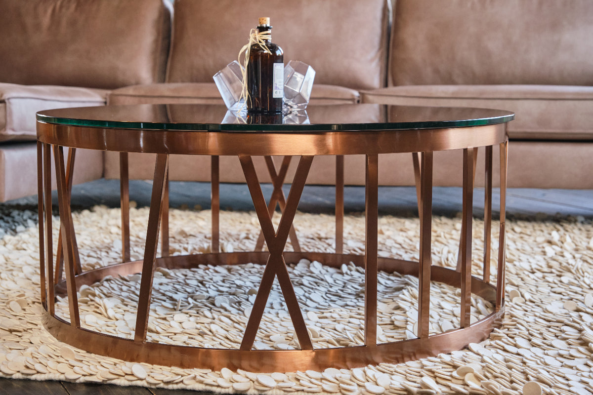 KAWOLA Couchtisch MELLA Tisch Glas Gestell rosé gold