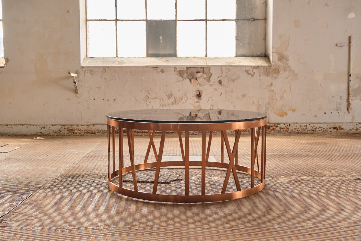 KAWOLA Couchtisch MELLA Tisch Glas Gestell rosé gold