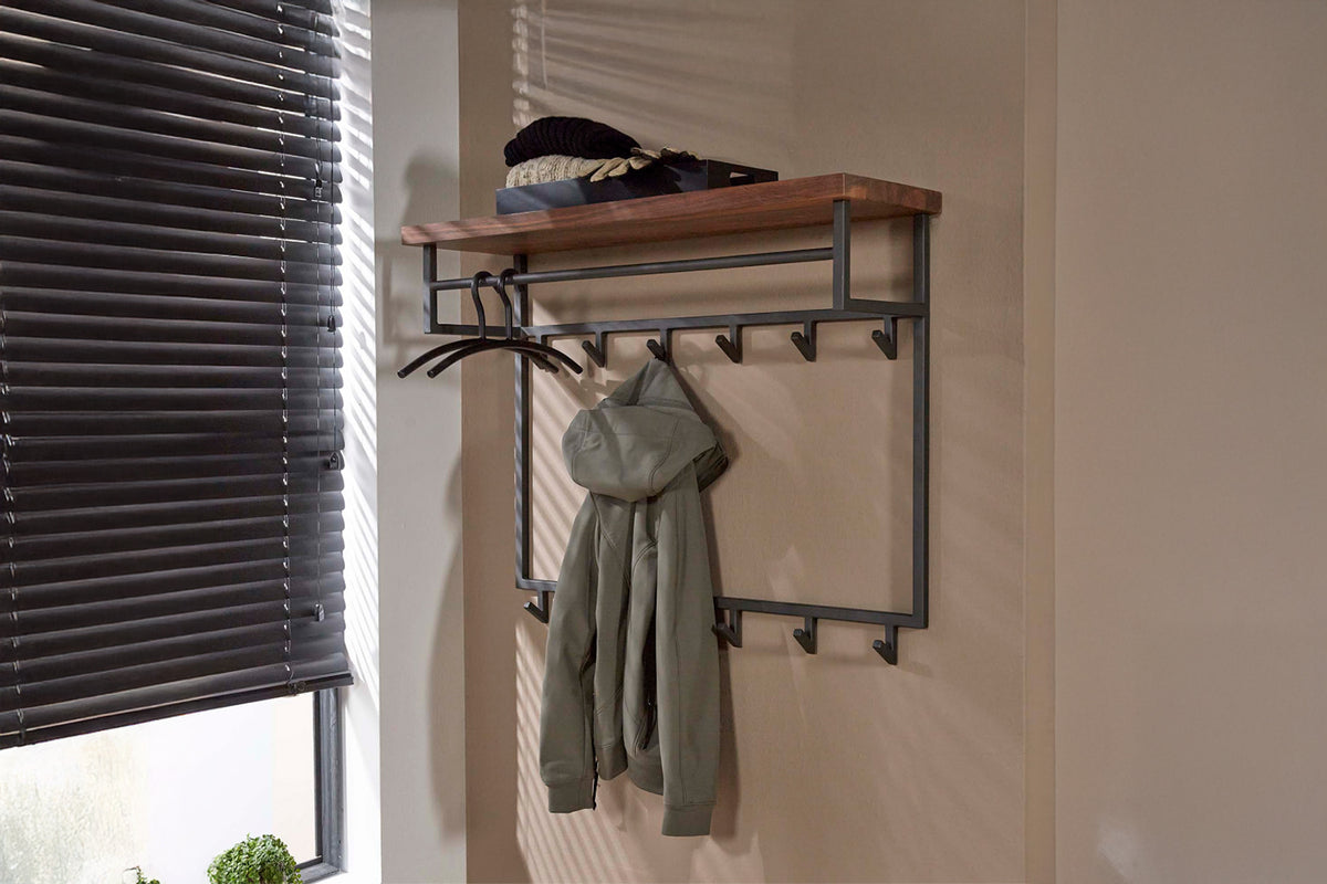 KAWOLA Garderobe ADELIA Nussbaum Metall Hutablage 12 Haken grau