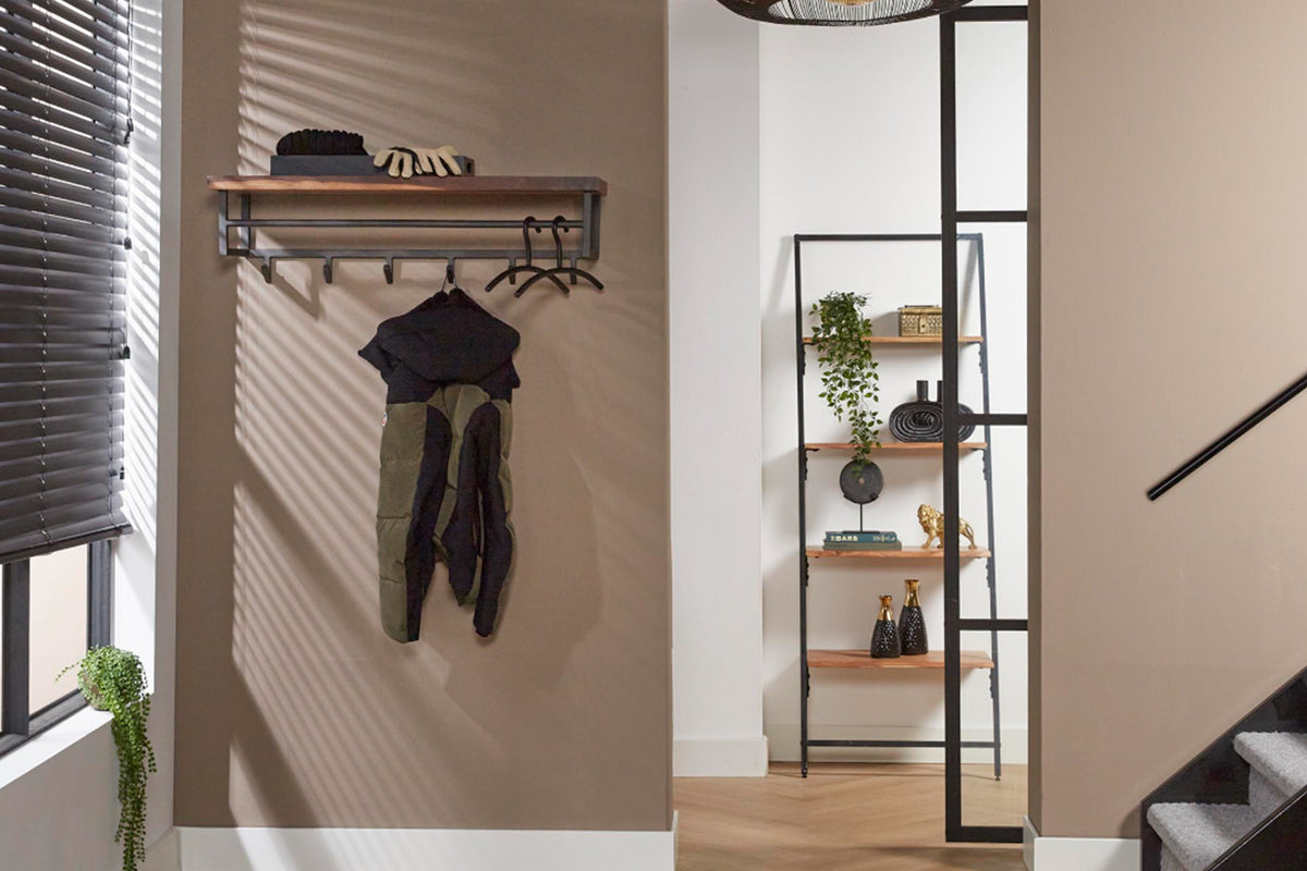 KAWOLA Garderobe ADELIA Nussbaum Metall Hutablage 6 Haken grau