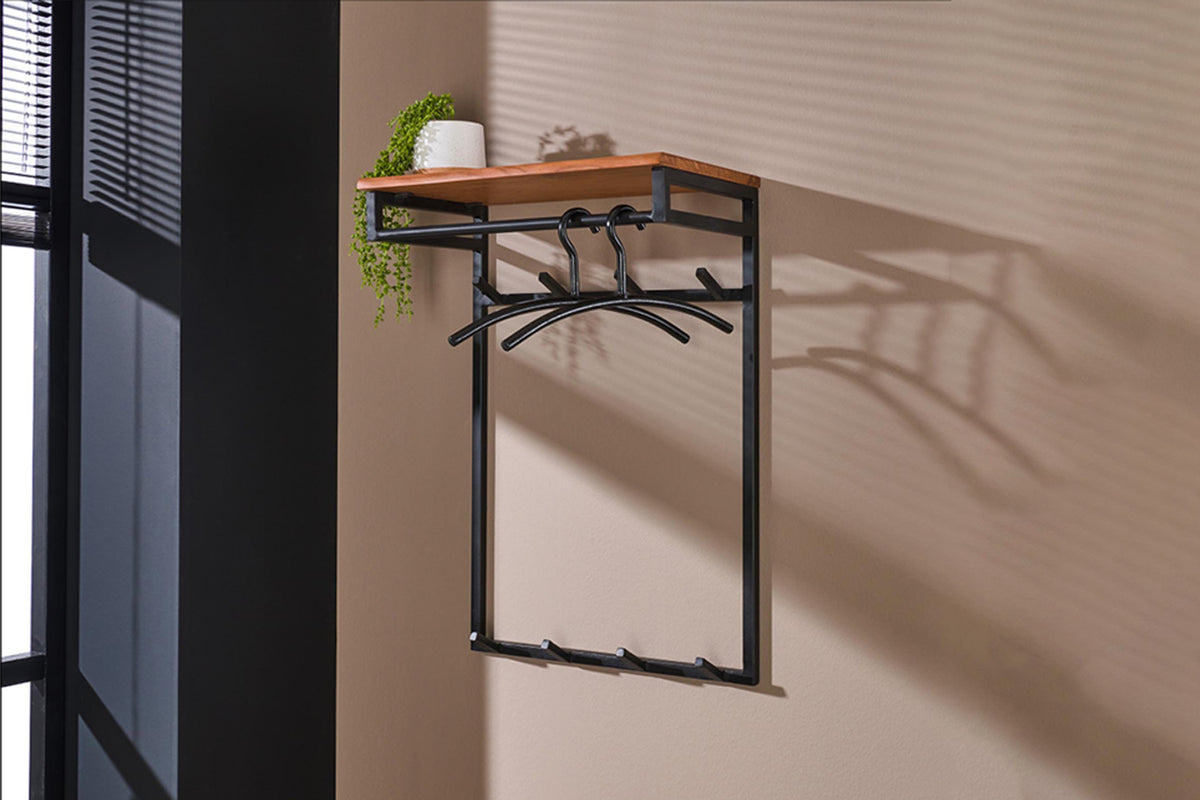 KAWOLA Garderobe ELIARA Akazie Metall Hutablage 8 Haken schwarz