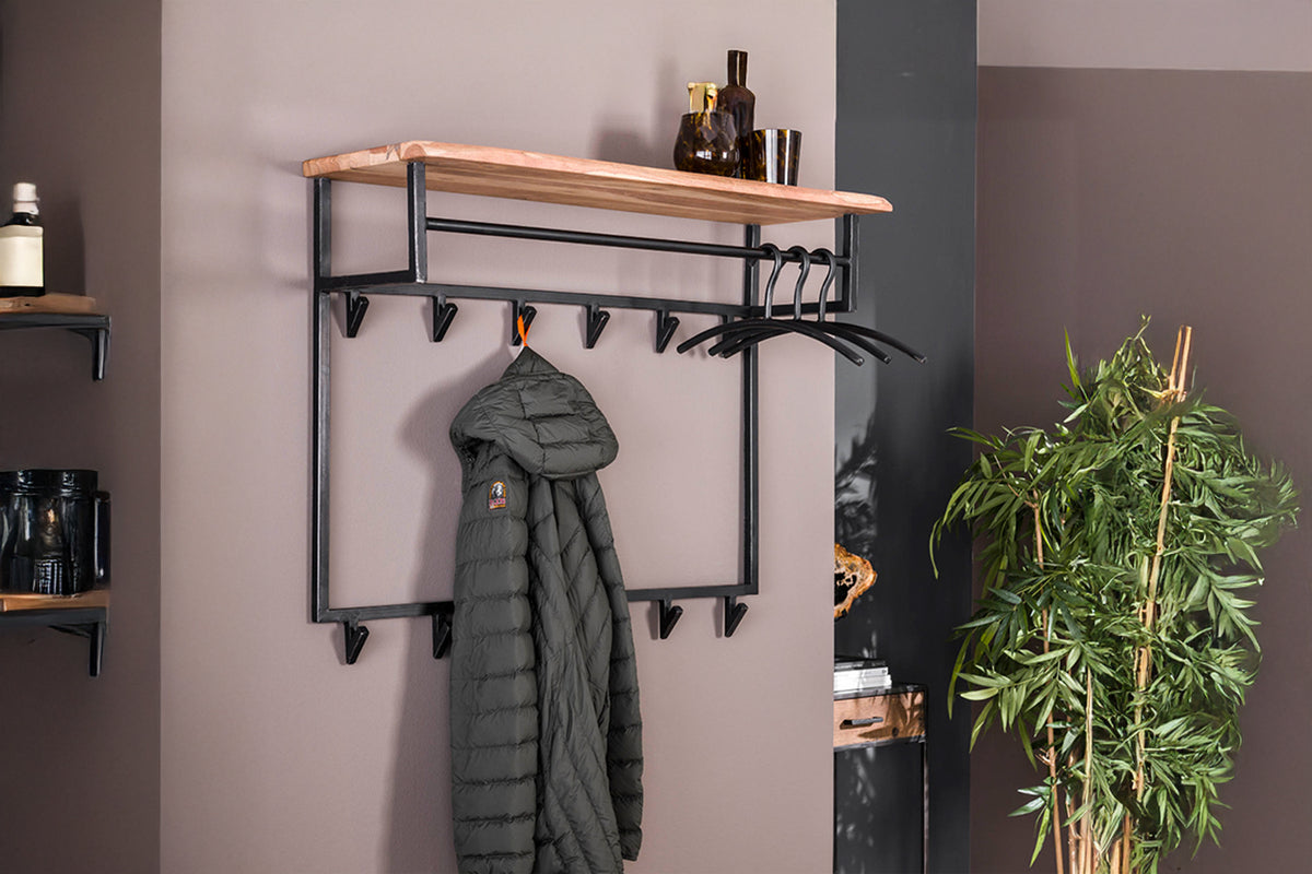 KAWOLA Garderobe NEREA Akazie Metall Hutablage 12 Haken schwarz