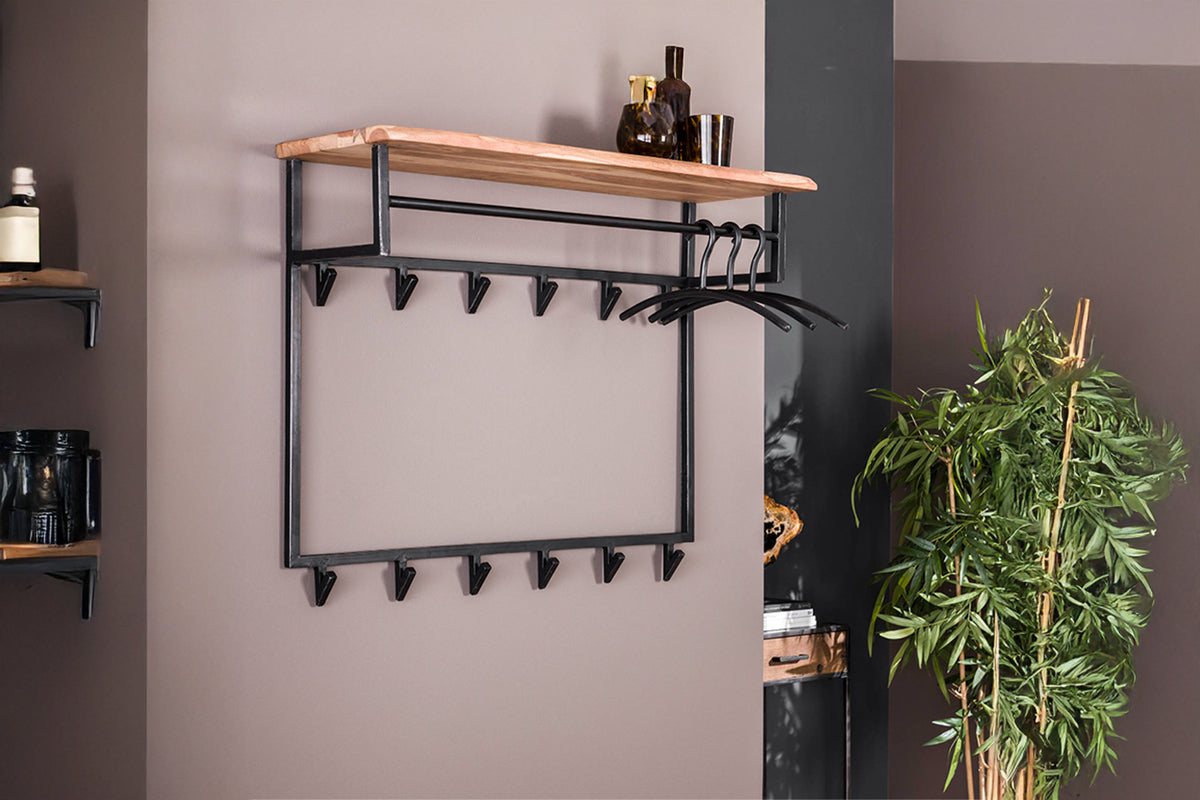 KAWOLA Garderobe NEREA Akazie Metall Hutablage 12 Haken schwarz