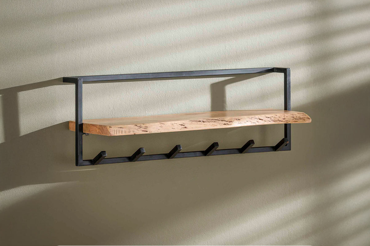 KAWOLA Garderobe NEREA Akazie Metall Hutablage mit Baumkante 6 Haken schwarz