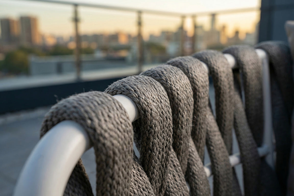 KAWOLA Gartenstuhl LUSHA Outdoor cremefarben Rope dunkelgrau mit Kissen