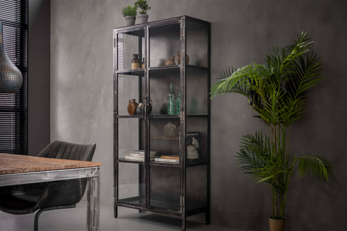 KAWOLA Highboard ARLES Vitrine Metall schwarz 2 Türen