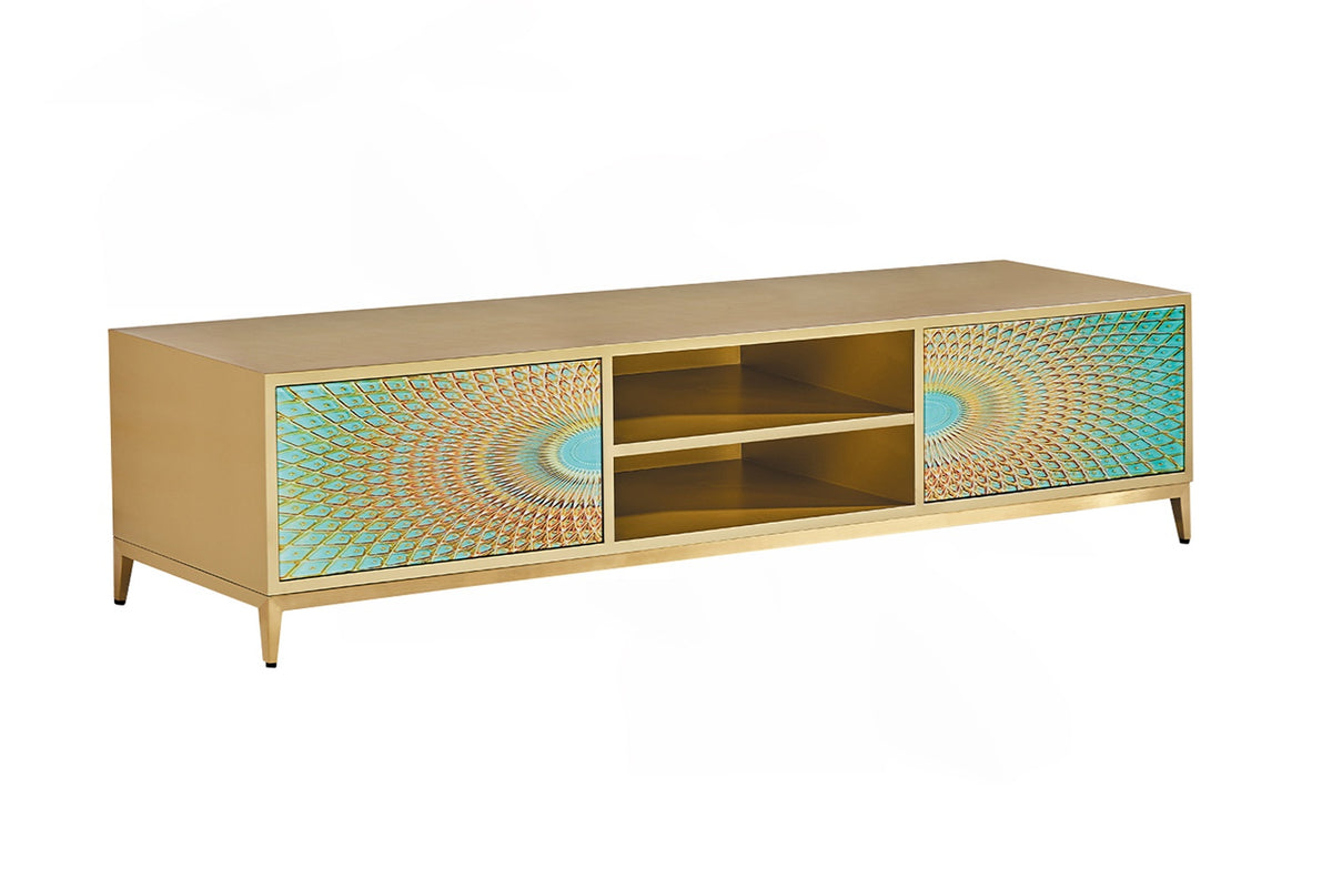 KAWOLA Lowboard LAGO TV-Board 2 Türen 2 Fächer Glas grün Fuß Edelstahl goldfarben