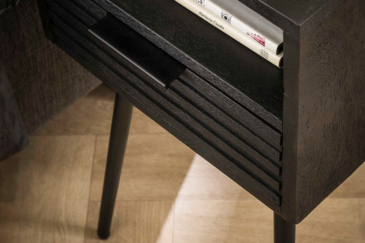 KAWOLA Nachttisch MIENA Beistelltisch Mangoholz schwarz 1 Schublade