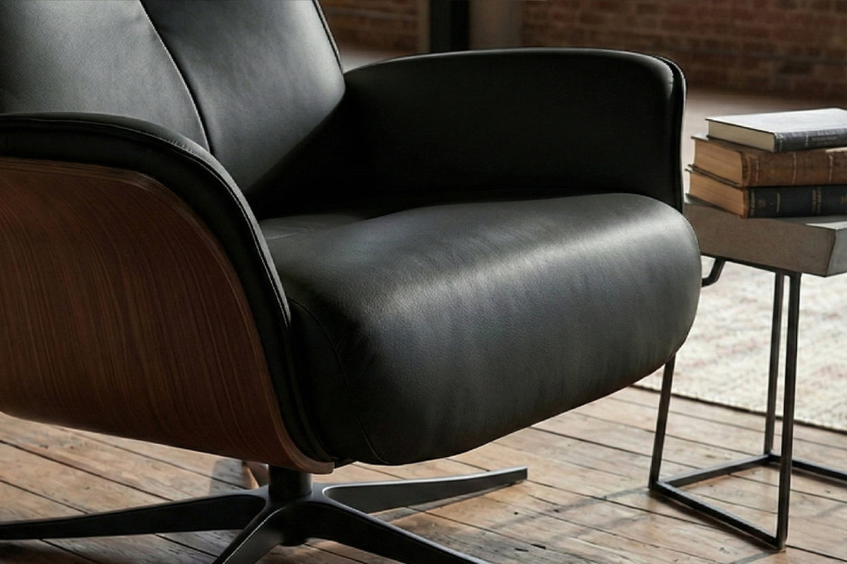 KAWOLA Relaxsessel FERREIRA Drehsessel Leder schwarz mit Hocker
