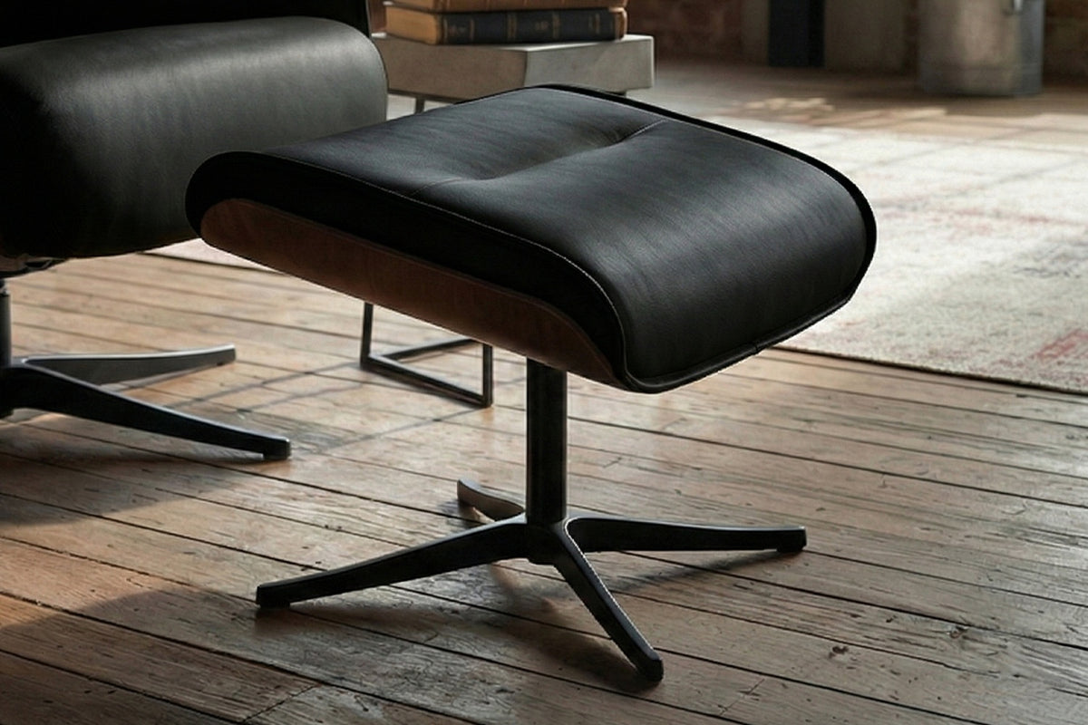KAWOLA Relaxsessel FERREIRA Drehsessel Leder schwarz mit Hocker