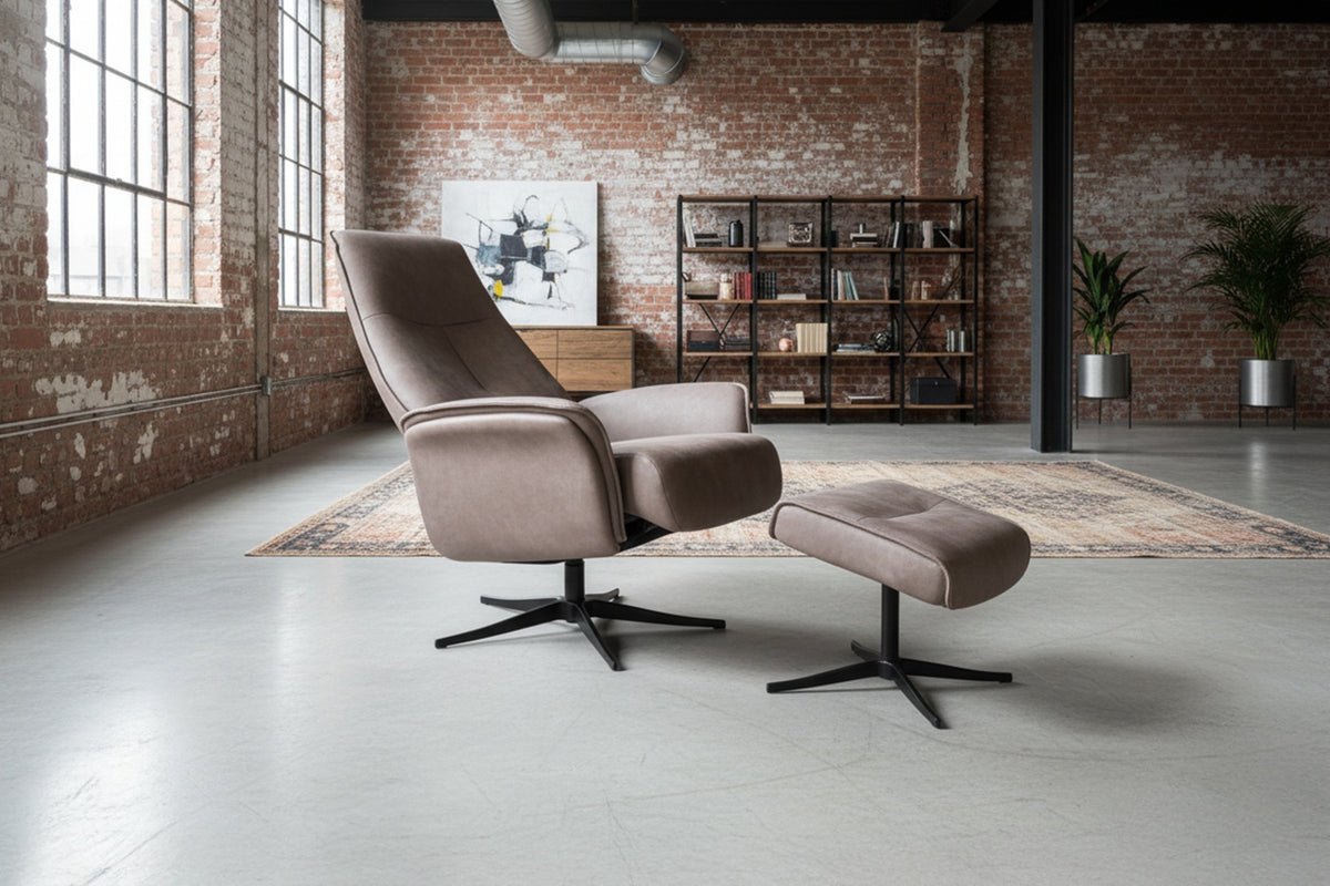 KAWOLA Relaxsessel JOSIANE Drehsessel Lederfaserstoff anthrazit mit Hocker