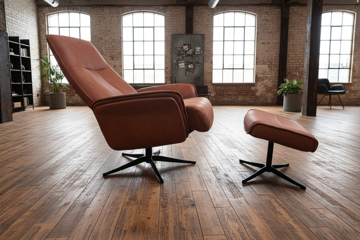 KAWOLA Relaxsessel JOSIANE Drehsessel Lederfaserstoff cognac mit Hocker