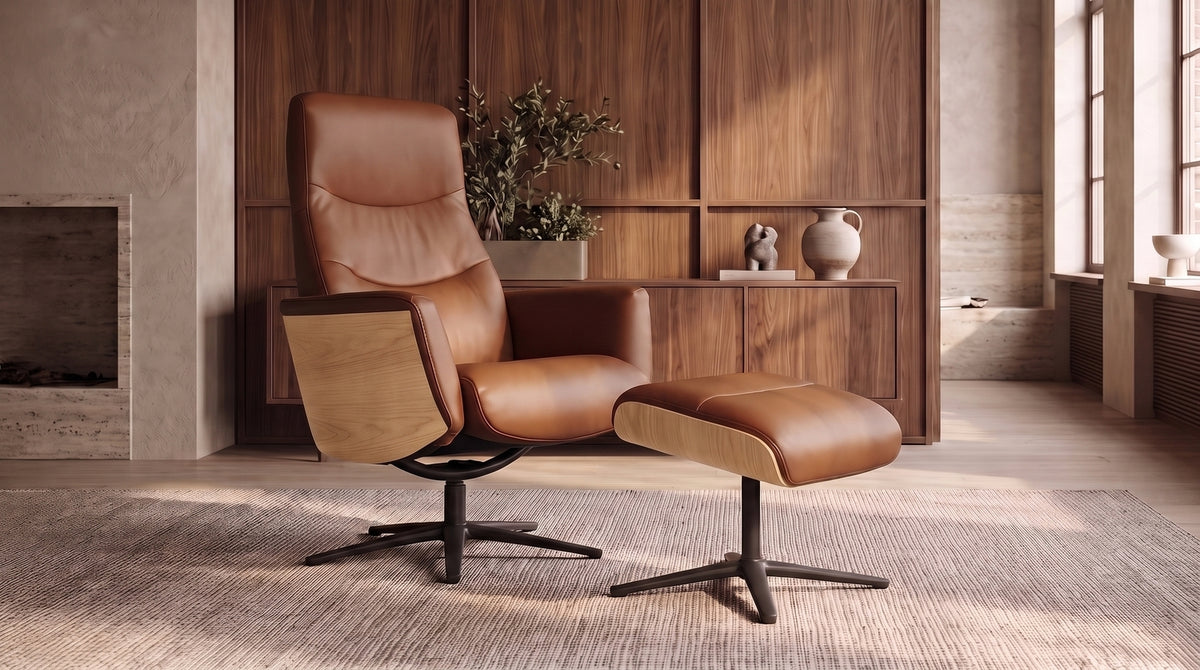 KAWOLA Relaxsessel VANITAS Drehsessel Leder braun mit Hocker, Armlehne Eiche