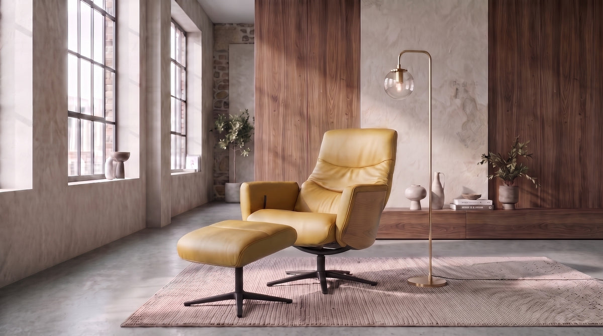 KAWOLA Relaxsessel VANITAS Drehsessel Leder cognac mit Hocker