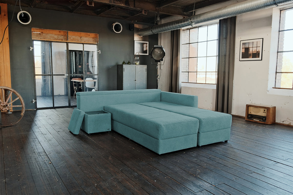 KAWOLA Schlafsofa IDA Sofa Boxspringbett Stoff petrol mit Topper