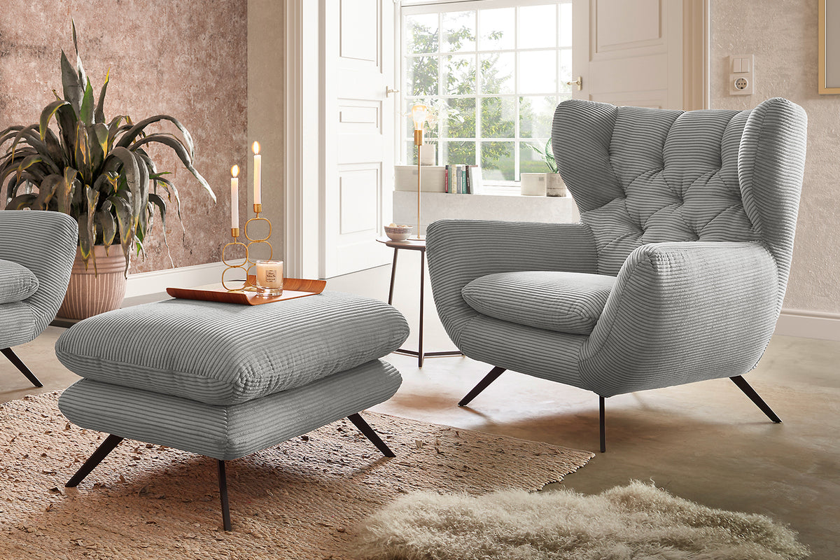 KAWOLA Sessel CHARME Hochlehnsessel Cord hellgrau, Mit Fußhocker