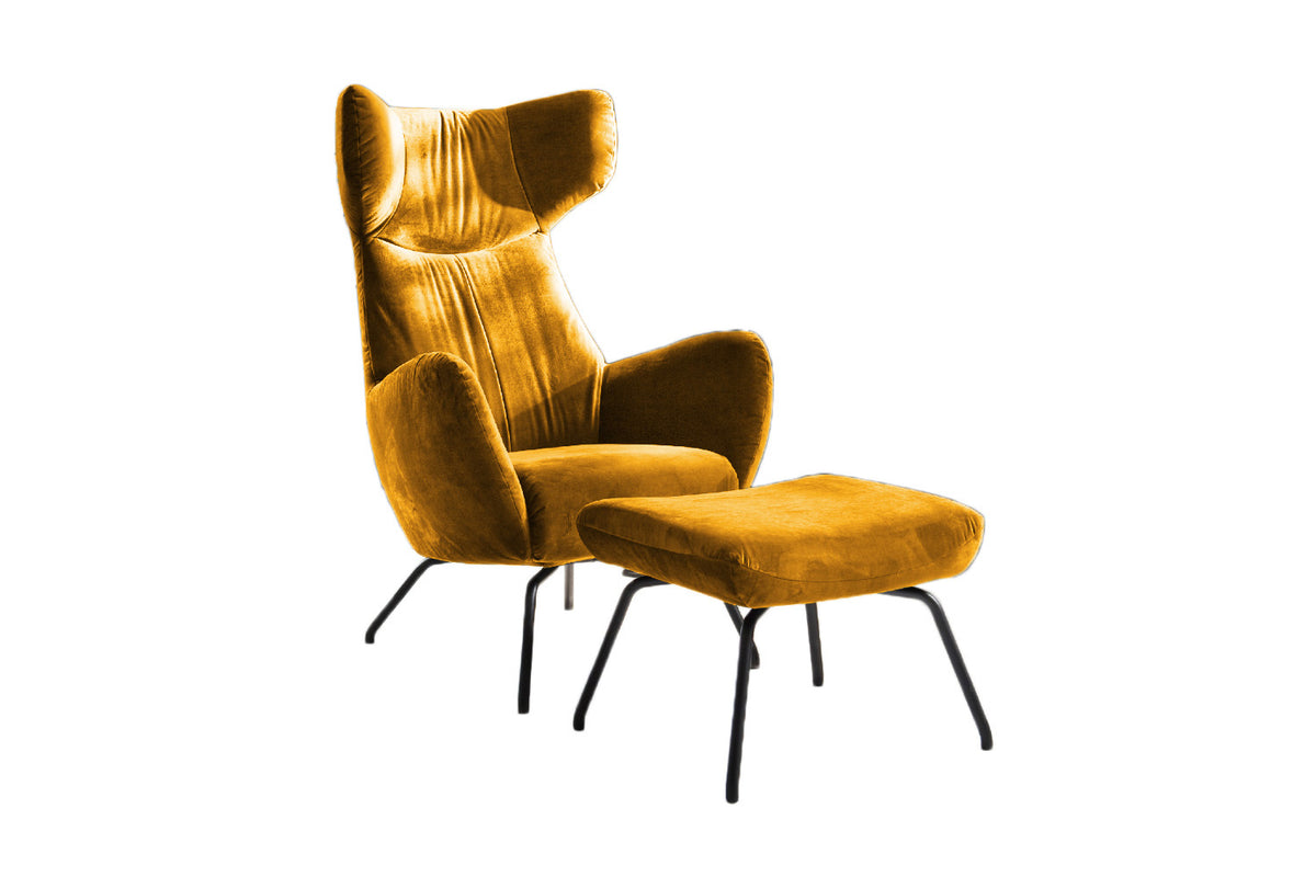 KAWOLA Sessel LOTTE Ohrensessel velvet curry mit Hocker