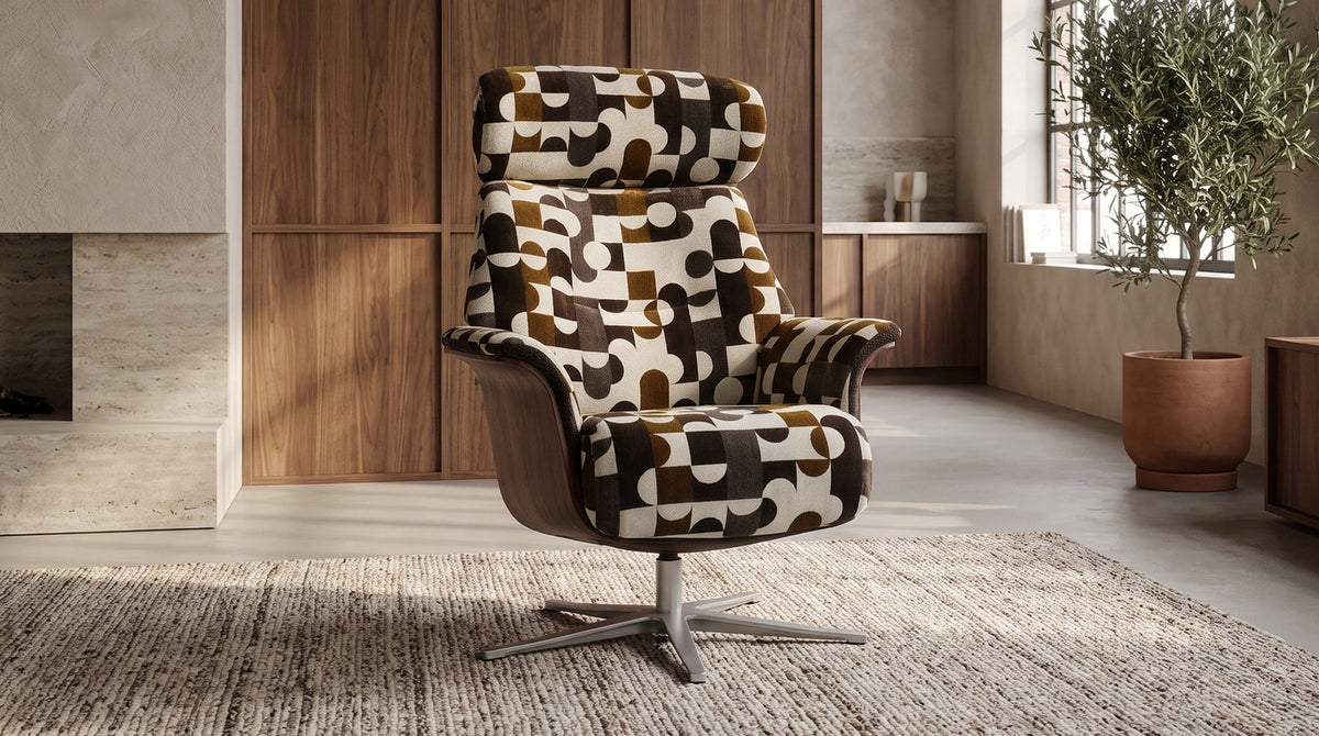 KAWOLA Sessel TOSAR Relaxsessel drehbar Stoff Retro-Design braun mit Hocker