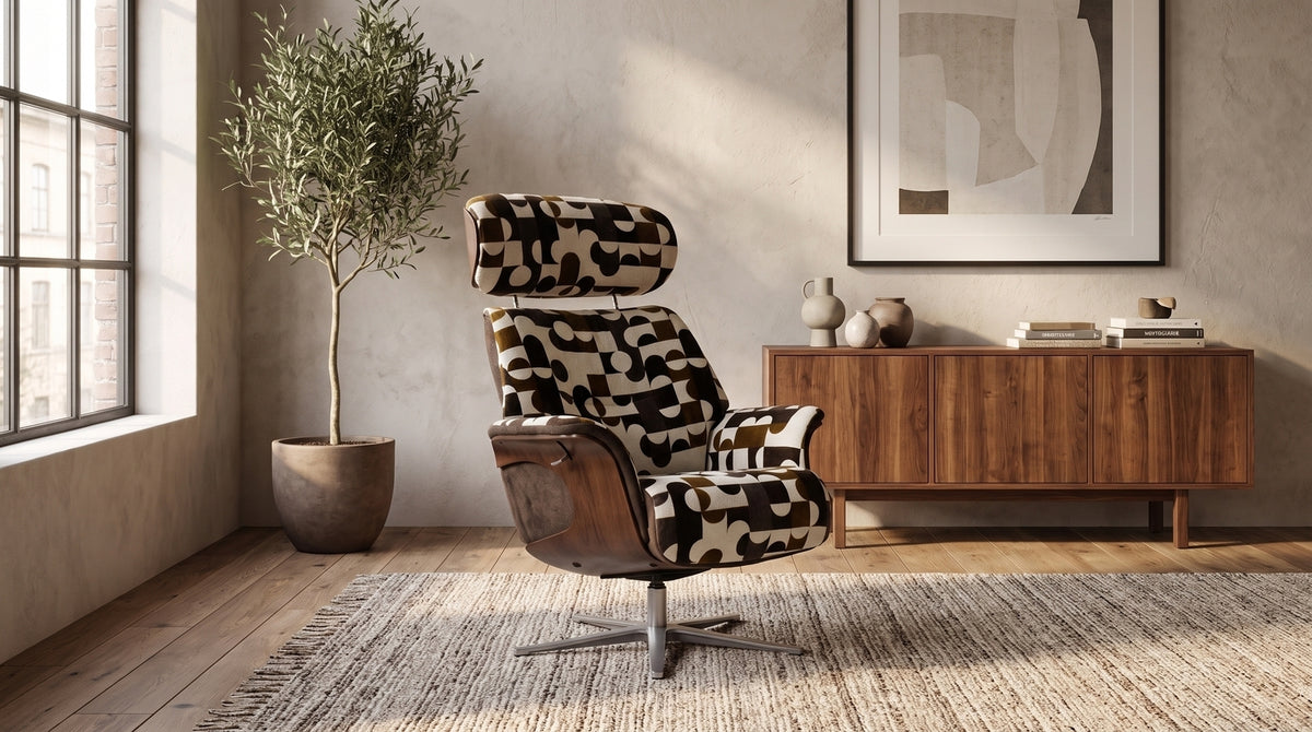 KAWOLA Sessel TOSAR Relaxsessel drehbar Stoff Retro-Design braun mit Hocker