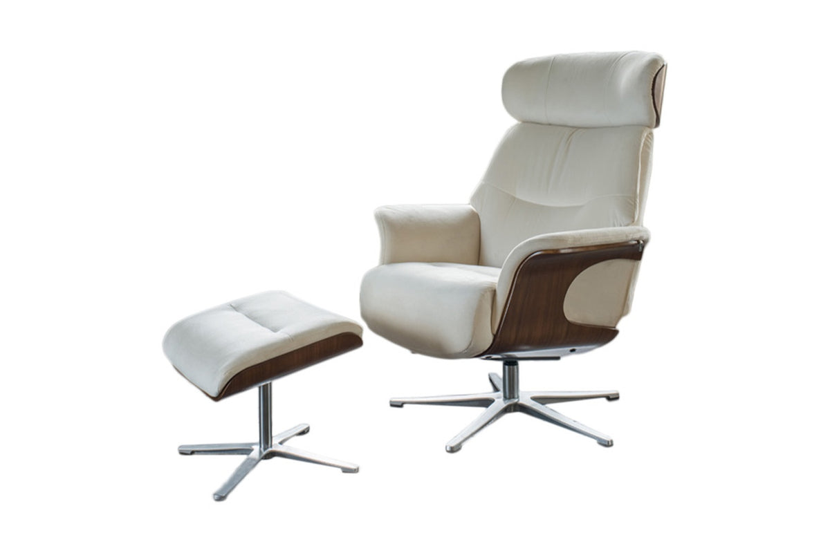 KAWOLA Sessel TOSAR Relaxsessel drehbar Velvet cremeweiß mit Hocker