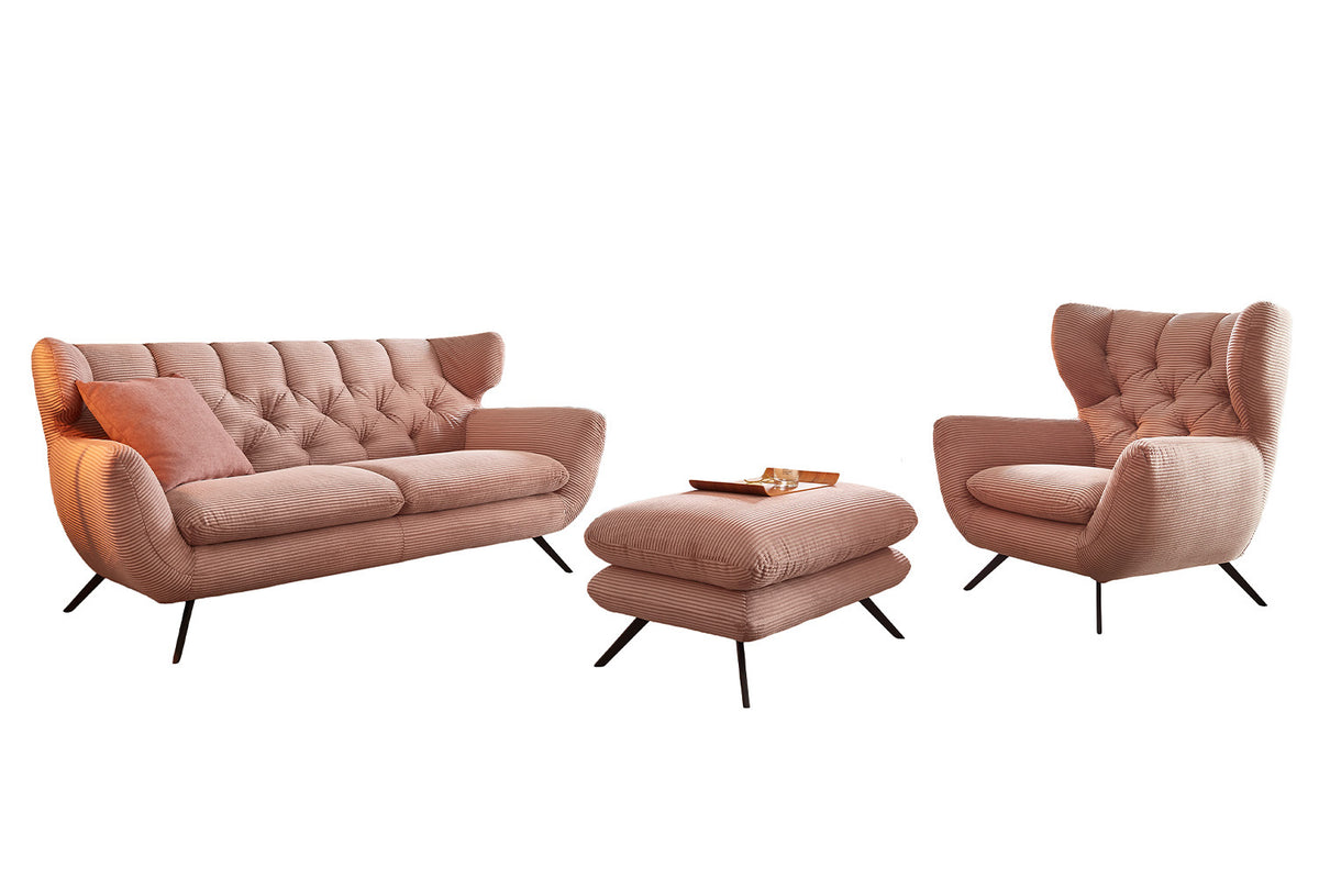 KAWOLA Sitzgruppe CHARME Sofa Sessel Hockerbank Cord rosa