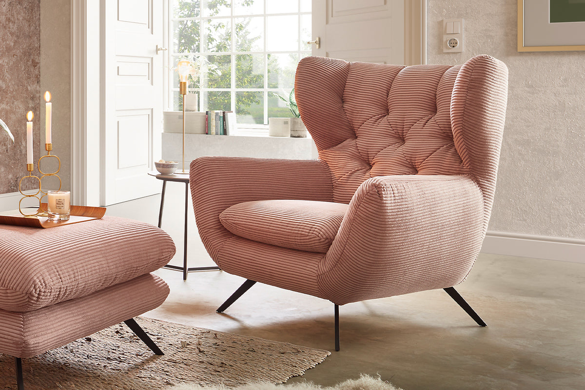 KAWOLA Sitzgruppe CHARME Sofa Sessel Hockerbank Cord rosa