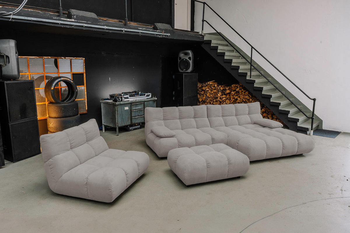 KAWOLA Sitzgruppe VIVIEN Ecksofa Drehsessel Hockerbank Feincord grau, Rechts