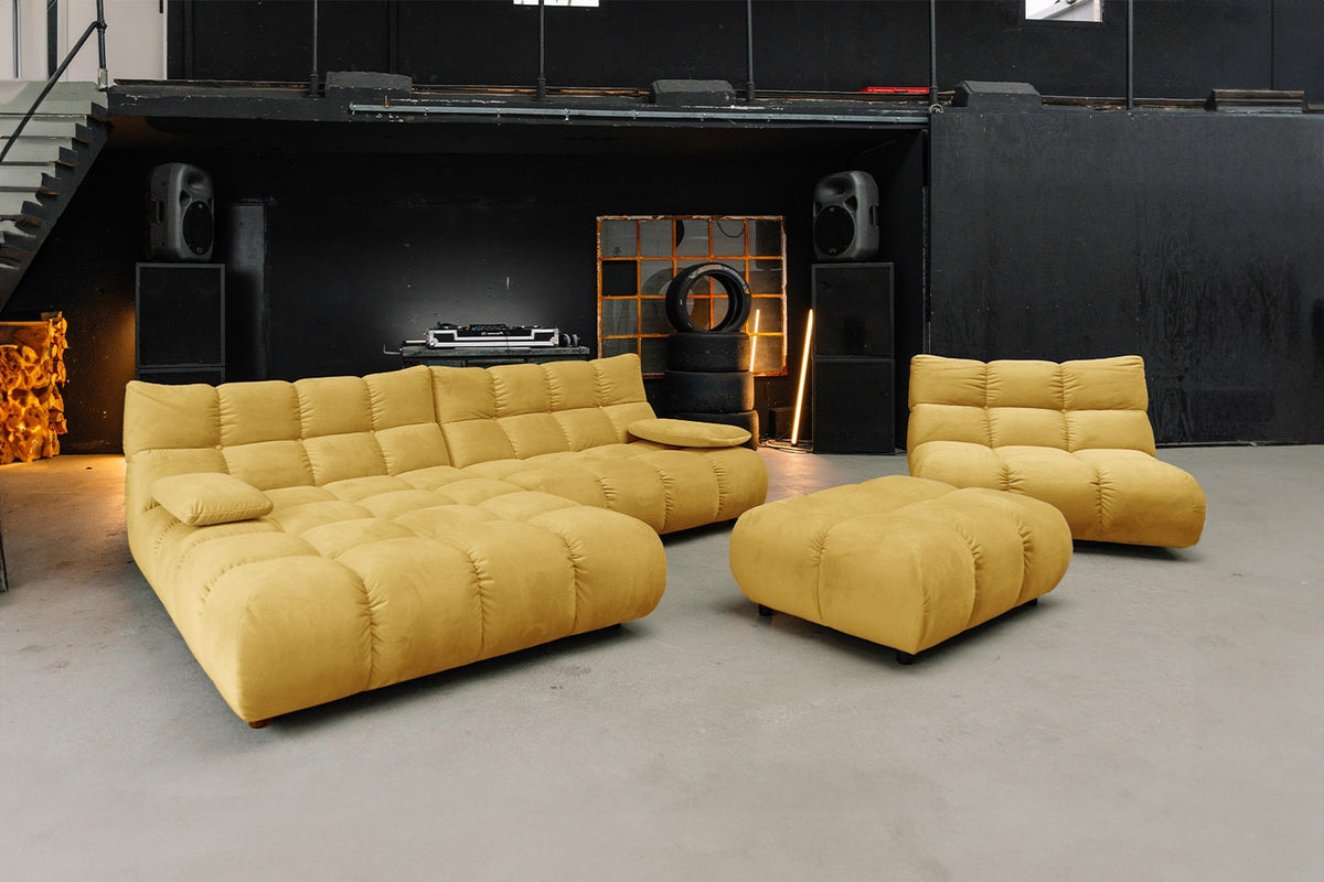 KAWOLA Sitzgruppe VIVIEN Ecksofa Drehsessel Hockerbank Velvet curry