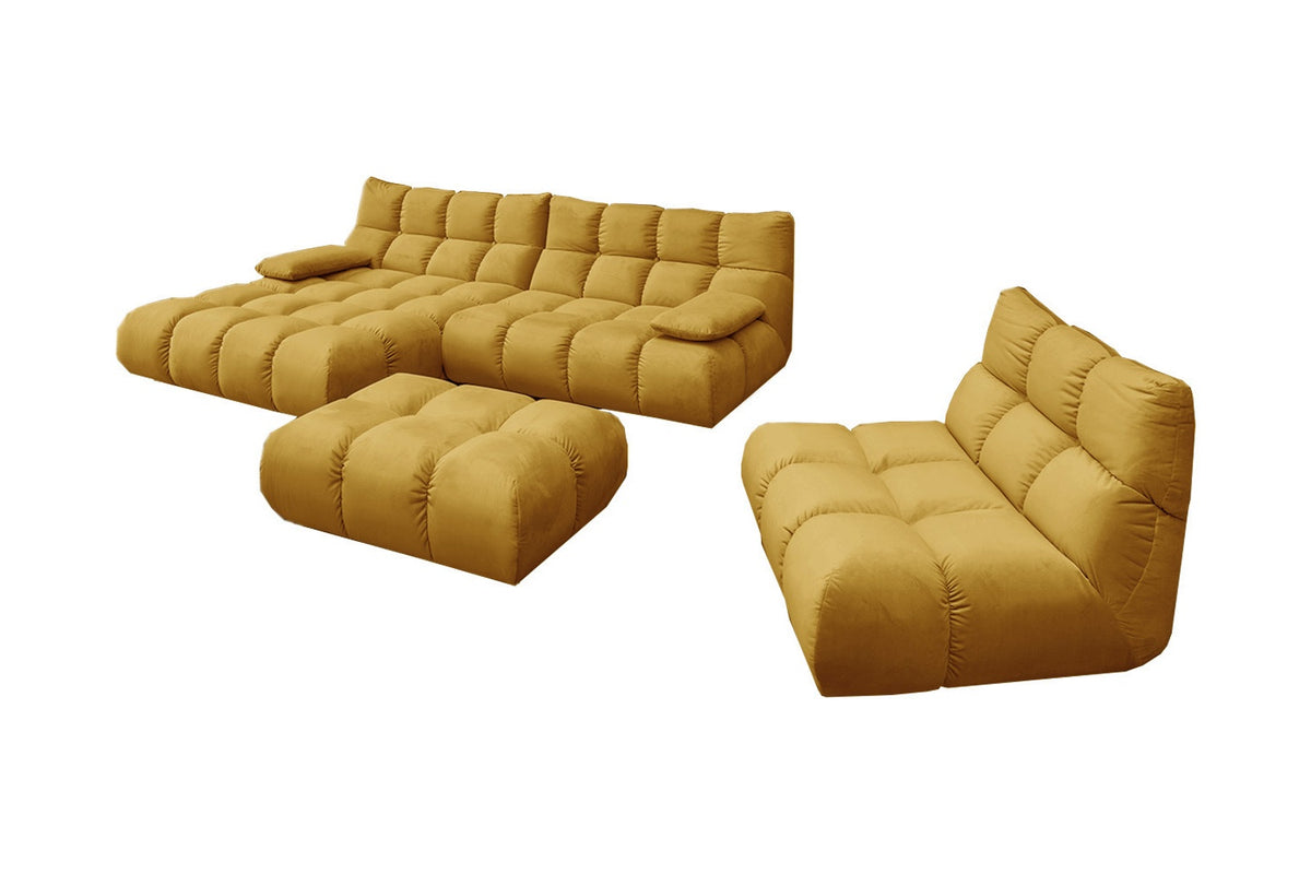 KAWOLA Sitzgruppe VIVIEN Ecksofa Drehsessel Hockerbank Velvet curry