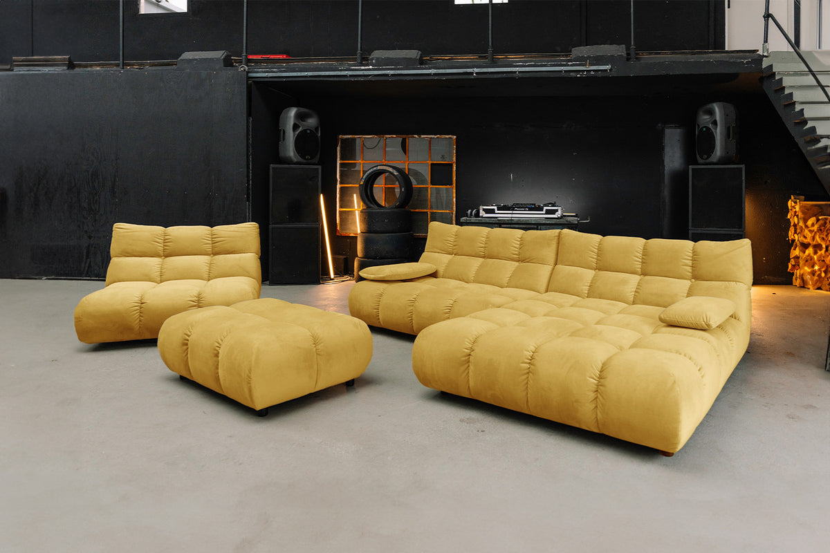 KAWOLA Sitzgruppe VIVIEN Ecksofa Drehsessel Hockerbank Velvet curry