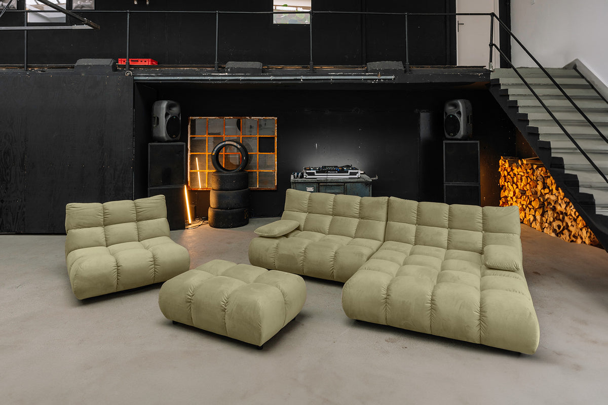 KAWOLA Sitzgruppe VIVIEN Ecksofa Drehsessel Hockerbank Velvet oliv