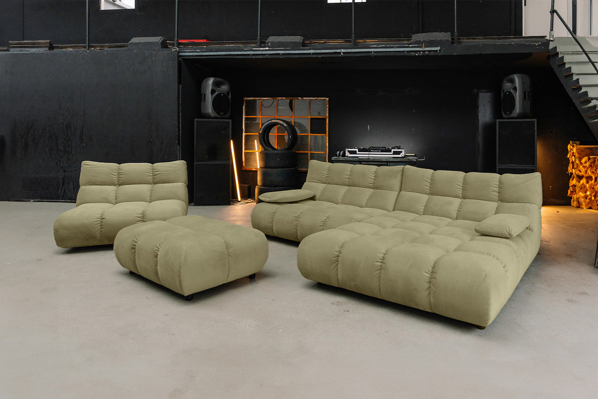 KAWOLA Sitzgruppe VIVIEN Ecksofa Drehsessel Hockerbank Velvet oliv