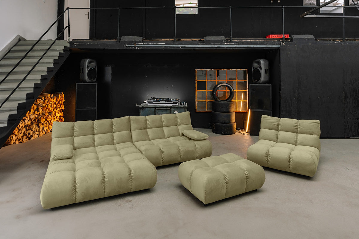 KAWOLA Sitzgruppe VIVIEN Ecksofa Drehsessel Hockerbank Velvet oliv