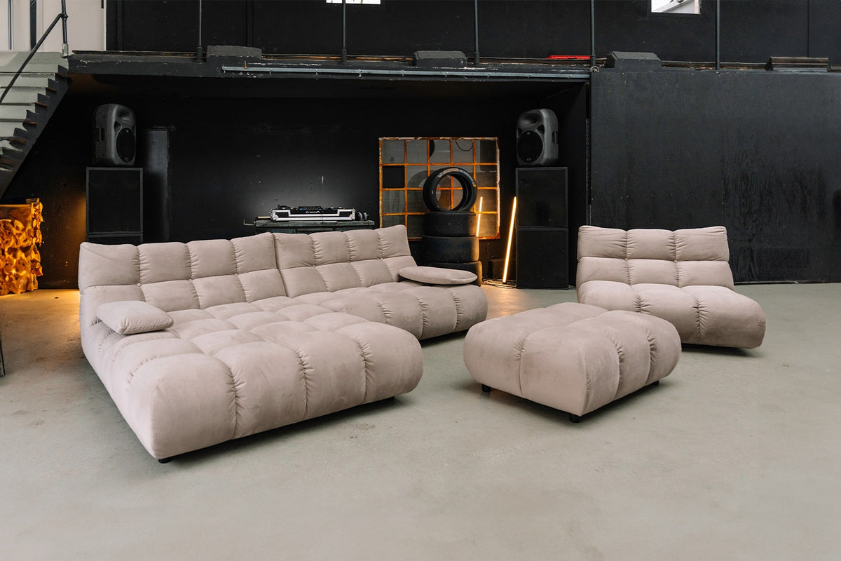 KAWOLA Sitzgruppe VIVIEN Ecksofa Drehsessel Hockerbank Velvet sand