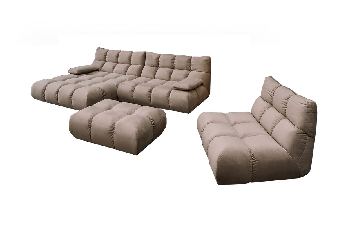 KAWOLA Sitzgruppe VIVIEN Ecksofa Drehsessel Hockerbank Velvet sand